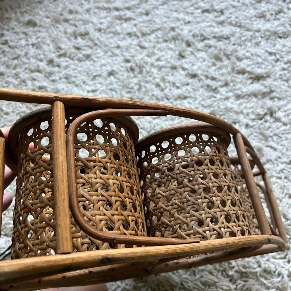 Vintage Wicker Wine Holder Rack/ Bent Bamboo and Rattan 5 Bottle Wine Rack with